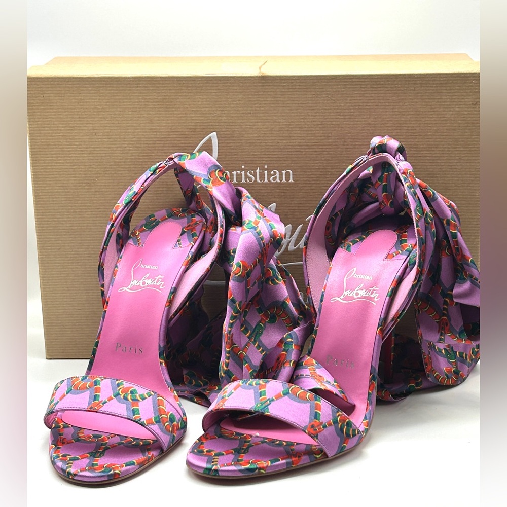 NEW Christian Louboutin Sandale Du Desert Silk Ankle-Tie Sandals Pink Heels 39